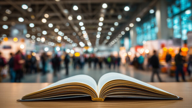 Open book on wooden table with blurred exhibition crowd at Feria del Libro de Guadalajara international book fair Mexico