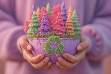 Hands holding glowing holographic globe with neon eco icons and futuristic financial infographics in abstract digital style.