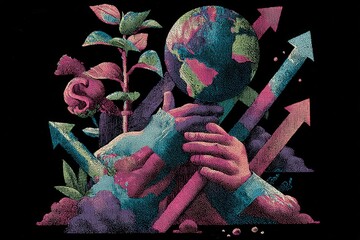 Hands holding glowing holographic globe with neon eco icons and futuristic financial infographics in abstract digital style.