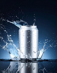 Refreshing silver can, water splash