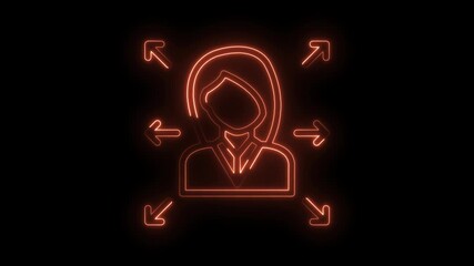 Glowing neon icon of businesswoman surrounded by arrows representing growth and strategic directions - Powered by Adobe