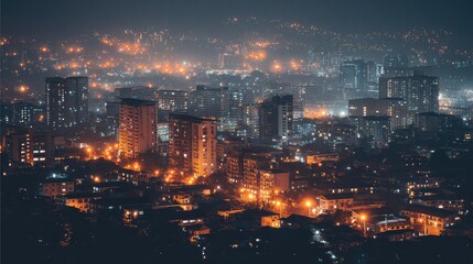 skyscrapers. Warm abstract city lights create a dreamy urban nightscape with soft gradient tones. travel magazines, destination branding, designed for travel destination branding.