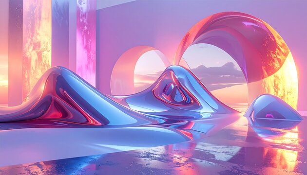 Dreamy metallic liquid forms reflecting a vibrant sunset in a serene, futuristic abstract landscape, creating a calming and elegant visual experience