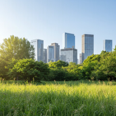 A city skyline is visible behind a lush green park.