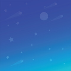 Naklejka premium Celestial Canvas: An evocative illustration of a serene night sky, a mesmerizing dance of stars, comets, and a full moon against a gradient of deep blues and aqua.