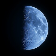 Half moon, vibrant blue hue, detailed craters