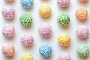 Colorful, spherical candies, various colors, white background