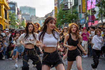 Asian girls dancing on a street
