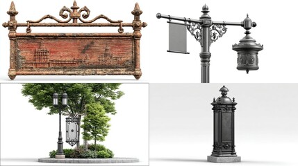 Four vintage street signs and lampposts