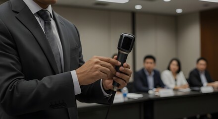 Close-up of hands adjusting microphone during corporate presentation, focused on professional setup