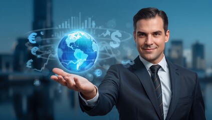 Global Business Leader Holds Holographic Earth, Financial Icons Overlay.