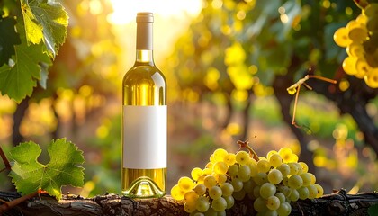 Fototapeta premium Wine bottle in vineyard at sunset