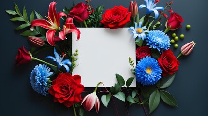 A beautiful arrangement of vibrant flowers, including red roses, lilies, and blue chrysanthemums