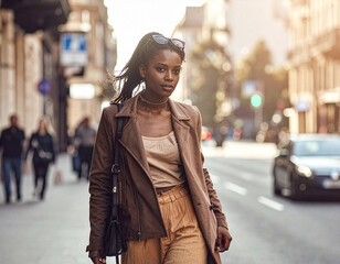 Fototapeta premium Fashionable young woman walking in modern city street, stylish outfit, candid photo style, natural daylight 