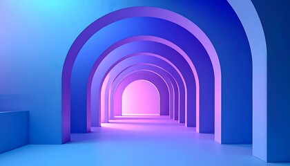 Concept of a vibrant, illuminated arched tunnel with a mesmerizing gradient of blue and pink light, creating a futuristic and abstract architectural passage