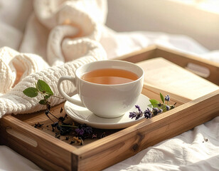 Cup of herbal tea on wooden tray with book and blanket, cozy warm light, lifestyle photography
