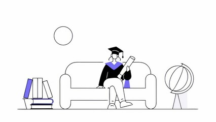 Graduation For Homeschool Students Concept. A graduate sits on a couch holding a diploma, surrounded by books and a globe.