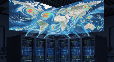 Global climate simulations processed by advanced server infrastructure environment
