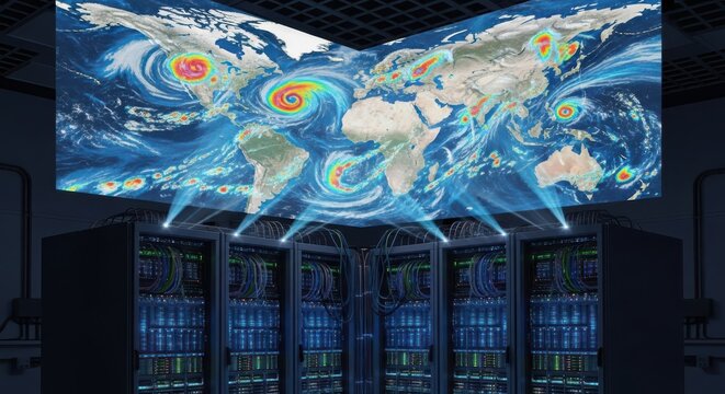 Global climate simulations processed by advanced server infrastructure environment