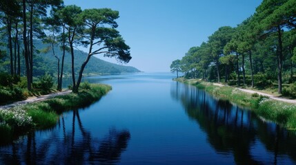 Tranquil Blue Lake Reflecting Trees Under Clear Sky in Summer