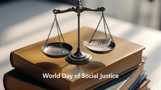 A brass scale of justice balanced on a stack of books with a feather, symbolizing the World Day of Social Justice.