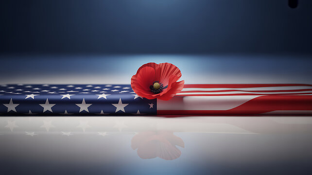 A red poppy flower placed on a folded American flag, symbolizing remembrance and patriotism.