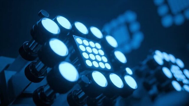 Futuristic Blue Glowing Microchip Processor with Circular Light Modules for Advanced AI Systems