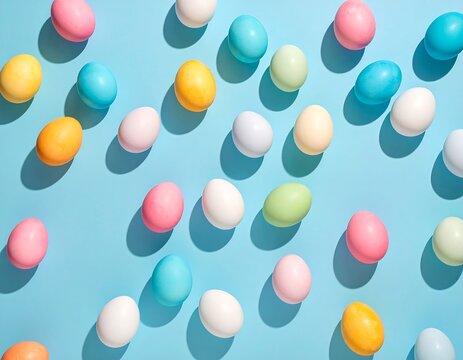 Pastel Easter Eggs Pattern on Light Blue Background - Powered by Adobe