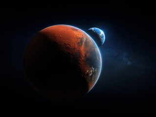 Mars and Earth appear side by side in deep space, highlighted by vivid colors and dramatic shadows against a star-filled backdrop