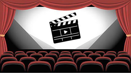 A digital illustration of a cinema screen showing a clapboard icon, with red curtains drawn back and rows of empty seats in the foreground