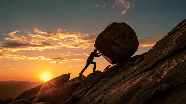 Person pushing large rock up steep path concept. A person pushing a boulder up a mountain at sunset.