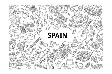 Fototapeta premium Cultural exploration of spain illustrative representations of food music and traditions in a vibrant artistic environment. Vector illustration