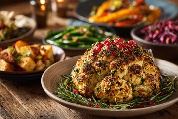 Roasted whole cauliflower thanksgiving vegetarian feast centerpiece pomegranate herb garnish meal.