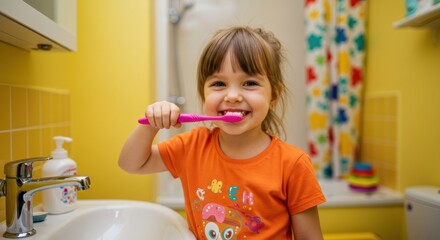 Daily routine little girl brushing teeth in bright bathroom indoor setting cheerful atmosphere