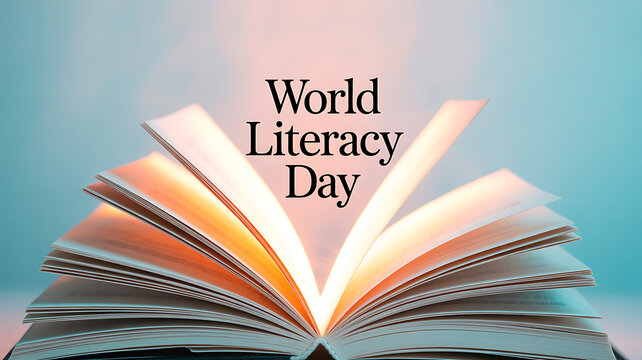 Open book with glowing pages and 'World Literacy Day' text against a soft blue background