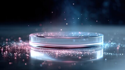 Translucent Disk on Dark Surface with Pink and Blue Particle Effects Underneath a Spotlight