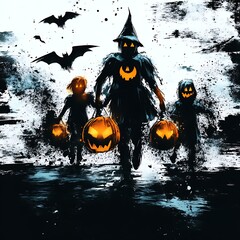 Halloween figures, silhouette style, carrying pumpkins.  Spooky kids and a figure with a pointed hat run, backlit by glowing jack-o'-lanterns
