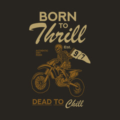 Vintage motocross illustration of a rider on a dirt bike kicking up dust. Retro hand-drawn style with textured details, perfect for T-shirts, posters, stickers, or merchandise