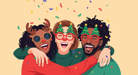 Joyful Cartoon Illustration of Diverse Friends Celebrating Festive Season Together