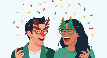 Cheerful Flat Illustration Couple Wearing Christmas Themed Glasses Celebrating Holiday Season