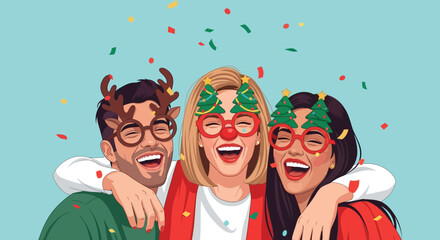 Colorful Cheerful Friends Celebrating Holiday Party with Festive Accessories Illustration