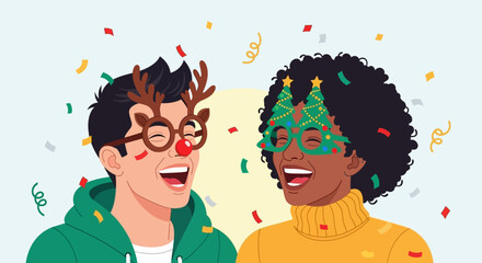Cheerful Cartoon Young Adult Friends Celebrating Christmas and New Year Party