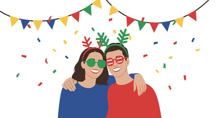 Flat Illustration Happy Couple Celebrating Holiday with Festive Garland and Confetti