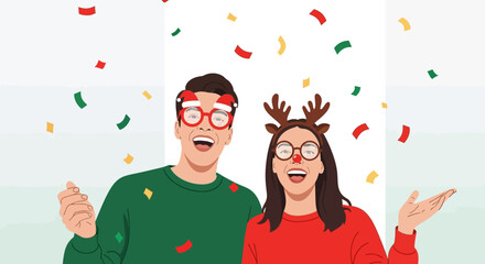 Cheerful Illustration of Young Couple Celebrating Christmas with Confetti and Festive Headwear