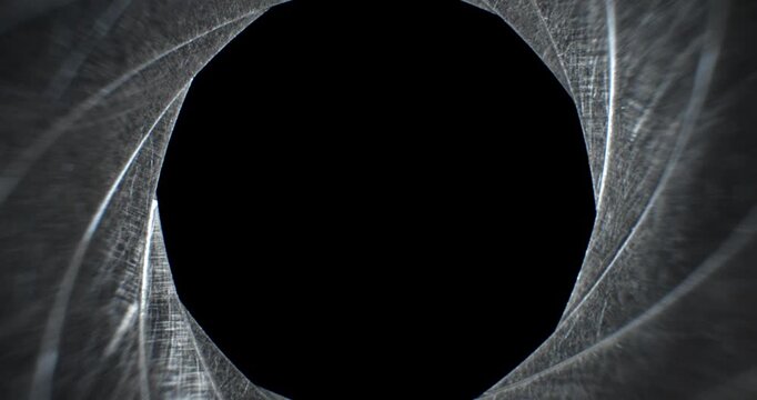 Circular blades of a mechanical iris create a precision opening controlling amount of light entering a camera lens with the opening mechanism controlling the aperture and the depth of field in focus.