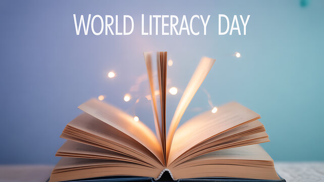 Open book with glowing lights and 'World Literacy Day' text