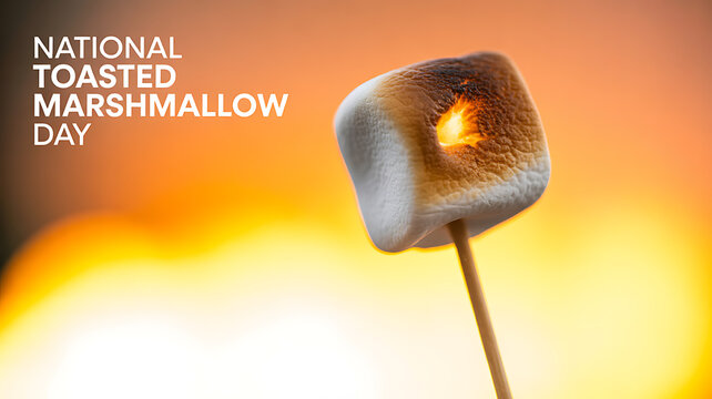A close-up of a toasted marshmallow on a stick with a glowing center, set against a warm, blurred background, celebrating National Toasted Marshmallow Day.