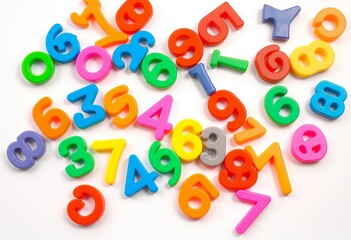 Brightly colored plastic numerals scattered on a white background, plastic digits, arithmetic