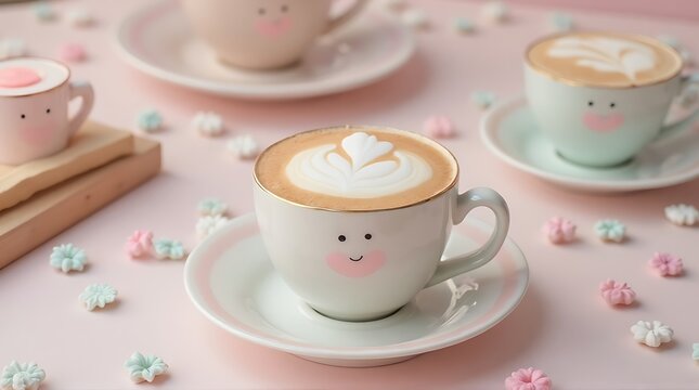 Pastel-colored coffee cups with whimsical designs and latte art on a pink surface.