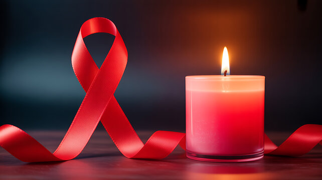 Red ribbon and lit candle symbolizing awareness and remembrance